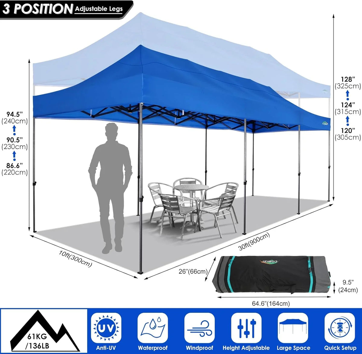 COBIZI 10x20 Heavy Duty Pop up Canopy Tent with 6 sidewalls Easy Up Commercial Outdoor Canopy Wedding Party Tents for Parties All Season Wind & Waterproof Gazebo with Roller Bag,Black(Frame Thickened) - image 94