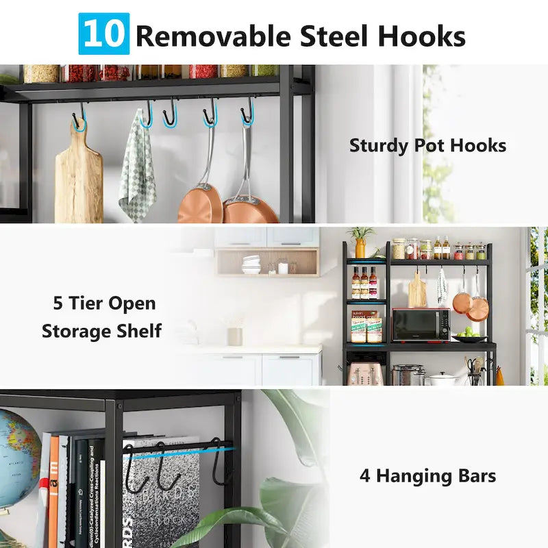 43-Inch Kitchen Bakers Rack with Microwave Stand - 5-Tier Utility Storage Shelf and 10 Hooks for Kitchen and Living Room - image 16