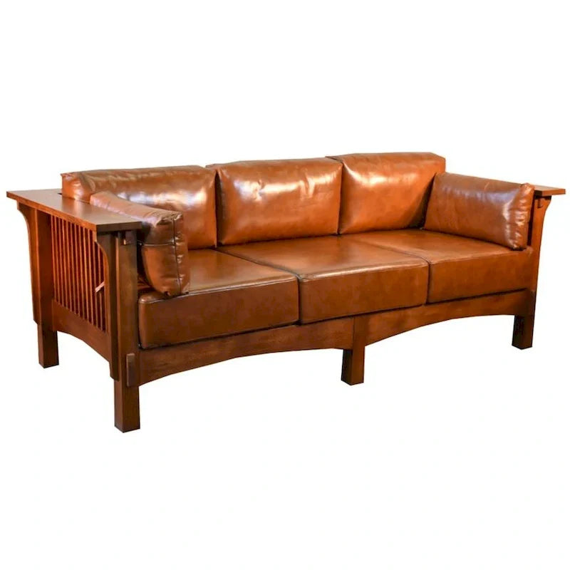 Mission Crofter Sofa - Solid Quarter-Sawn White Oak with Russet Leather Cushions - image 1