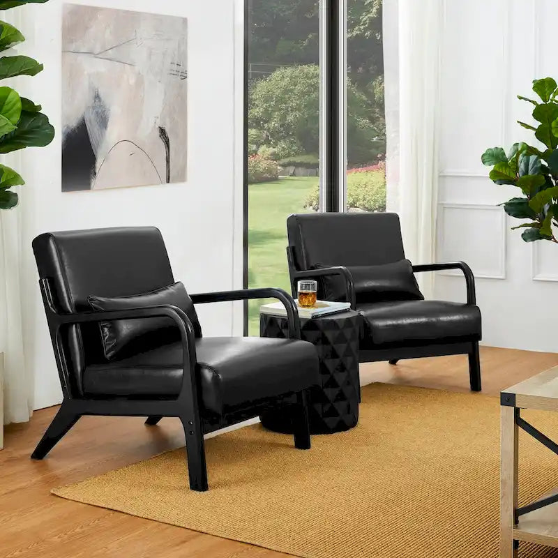 Glitzhome Set of 2 Mid-Century Modern PU Leather Accent Chairs - 30.75H with Cushions (25.75W x 33.75D) - image 13