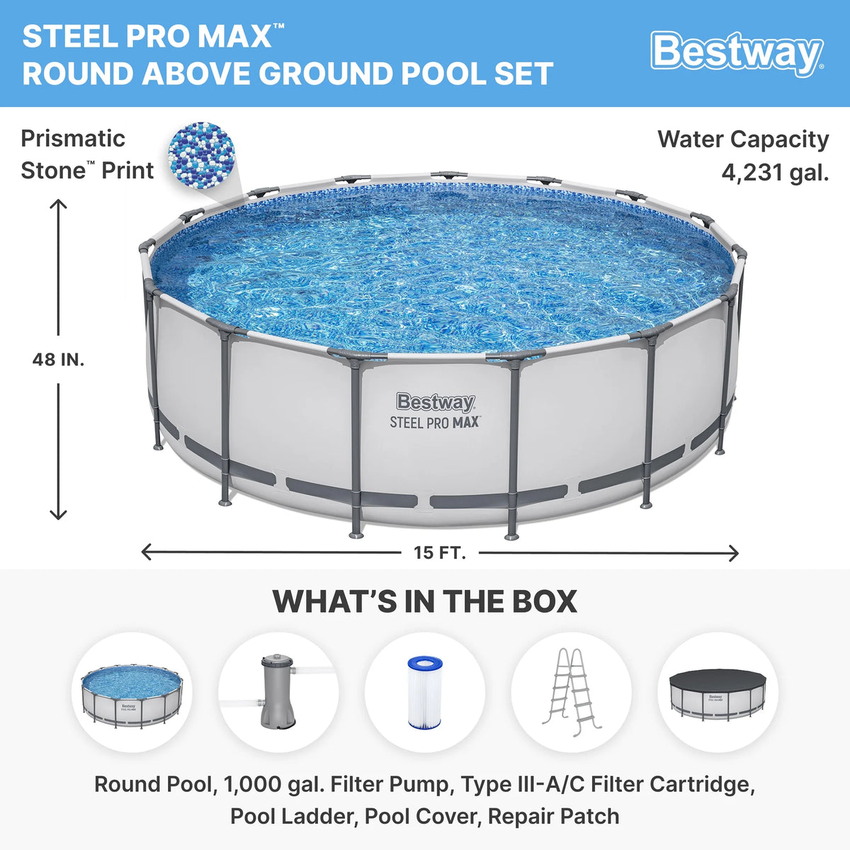 Bestway: Steel Pro MAX 15' X 48" Above Ground Pool Set - 4231 Gallon, Outdoor Family Pool, Corrosion & Puncture Resistant, Includes Filter, Pump, Ladder & Cover - image 2