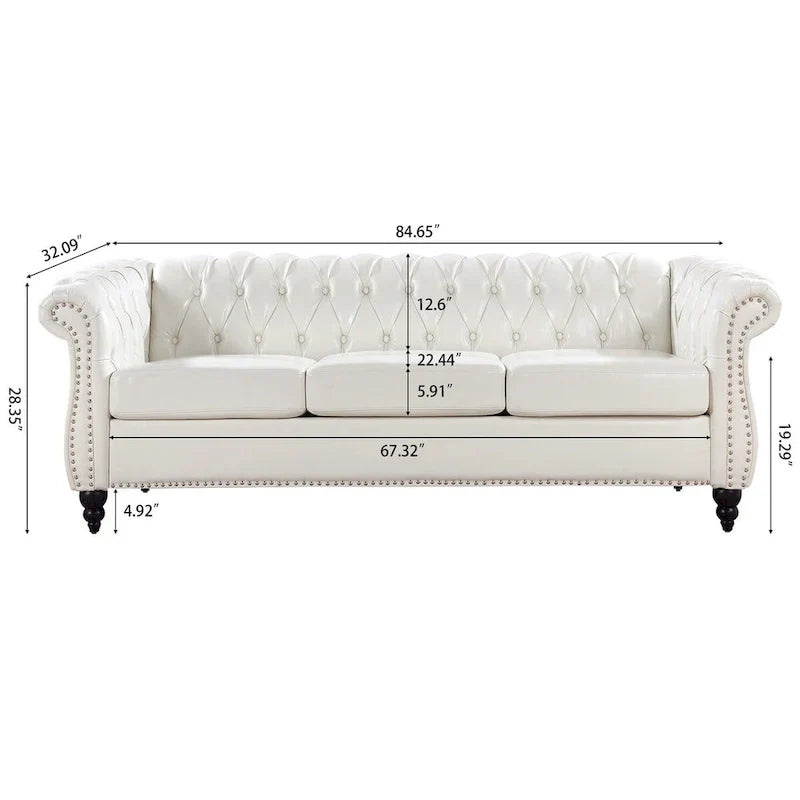 Cream 84.65 Traditional Chesterfield 3-Seater Sofa in PU Leather - image 12