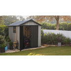 Oakland 7 x 7 FT Rustic Worn Wooden Texture Storage Shed with High Ceiling And Victorian Window - image 1