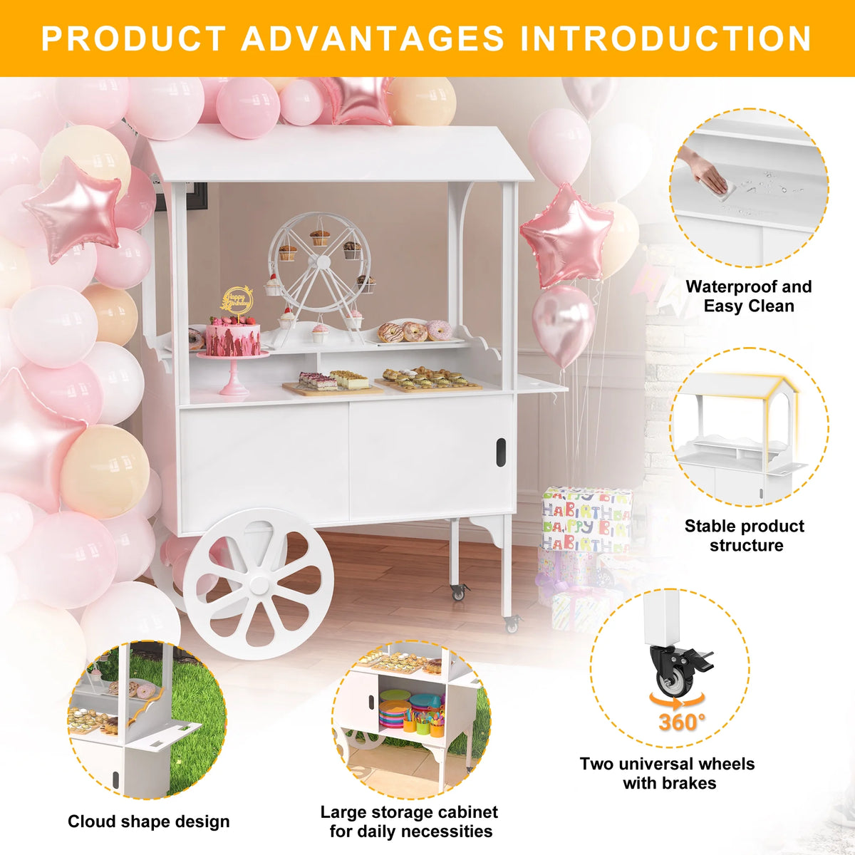 Candy Cart with Wheels for Party，Wood Dessert Cart with Storage Cabinet - image 7