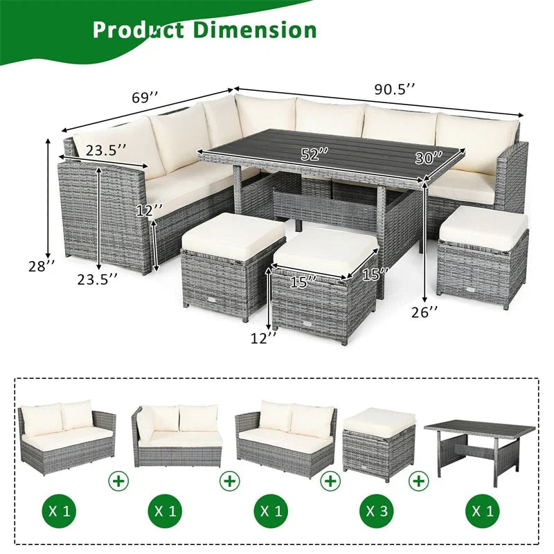 7 Pcs Rattan Patio Dining Furniture Sectional Sofa Set with Dining Table, Ottomans & Cushions - image 13