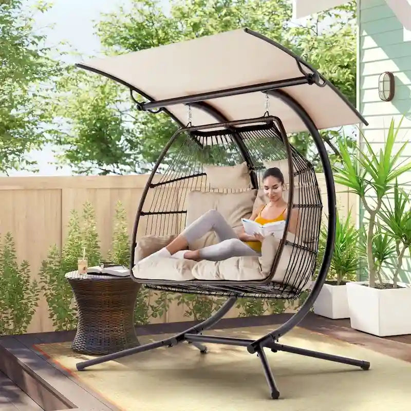 Outdoor Swing Loveseat with Stand, Foldable Hanging Chair, Hammock Cushion, and Awning, Double Egg Chair - Beige - image 2