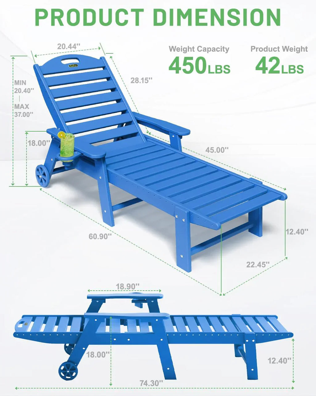Lounge Chair Outdoor, Chaise Lounge, HDPE 6-Position Outdoor Chaise Lounge, Patio Lounge Chair with Wheels & Cup Holder for Pool Poolside Deck Backyard, Teak - image 39