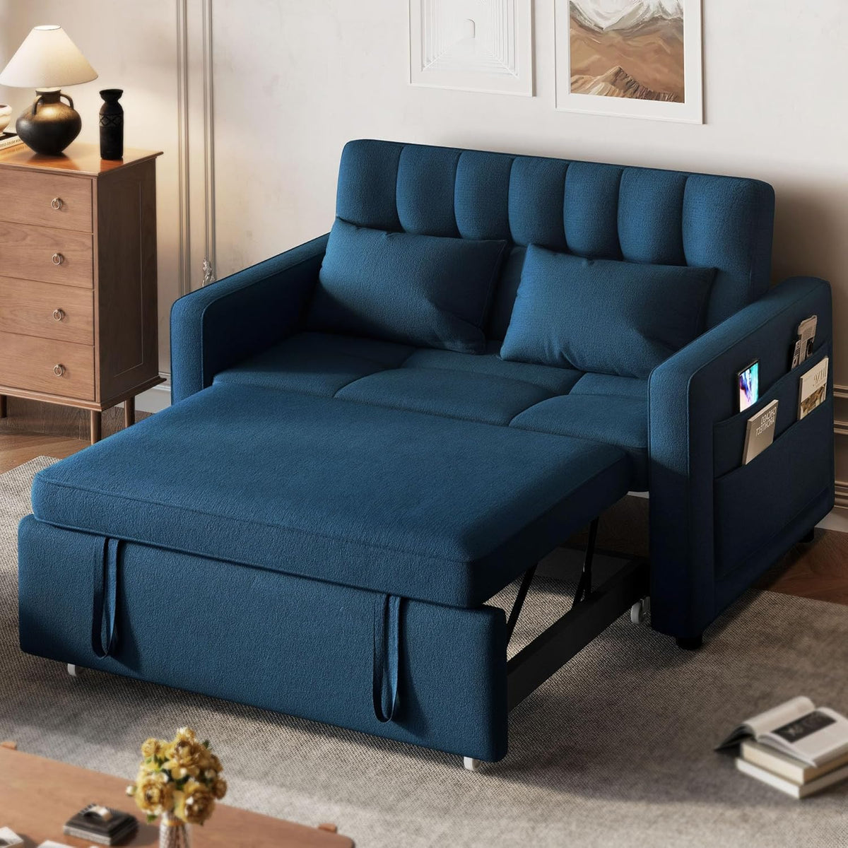3-in-1 Convertible Sofa Bed, 55" Sleeper Sofa with Pull-Out Bed, Cat-Scratch-Proof Fabric Futon Couch with Adjustable Backrest and Side Pocket, Loveseat for Living Room Apartment, Grey - image 4