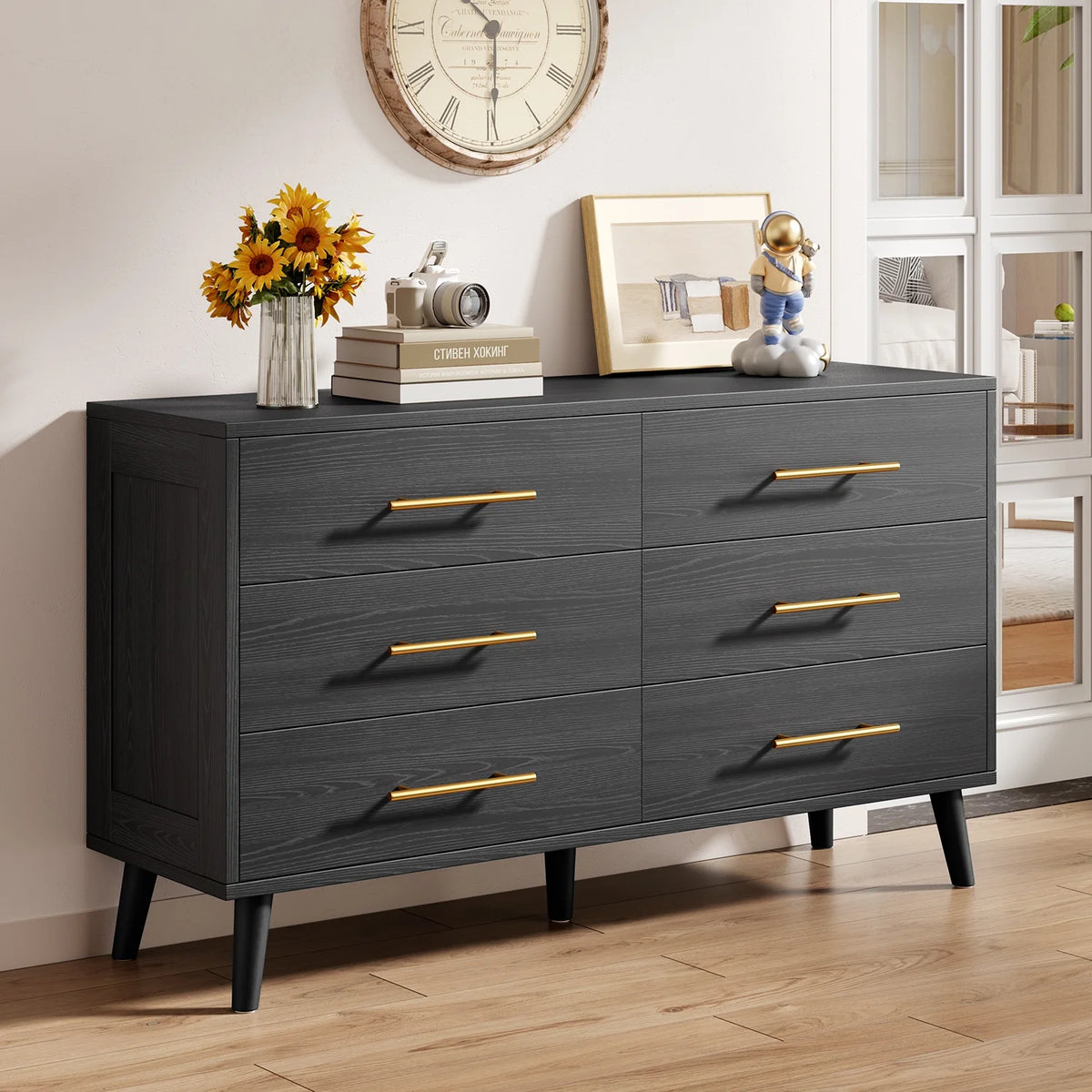 Bedroom Furniture Set - Includes Queen Bed Frame, Nightstands Set of 2, 5 - Drawer Dresser & Double Wide 6 - Drawer Dresser - Modern Storage Solution for Stylish Home Decor, Black - image 6