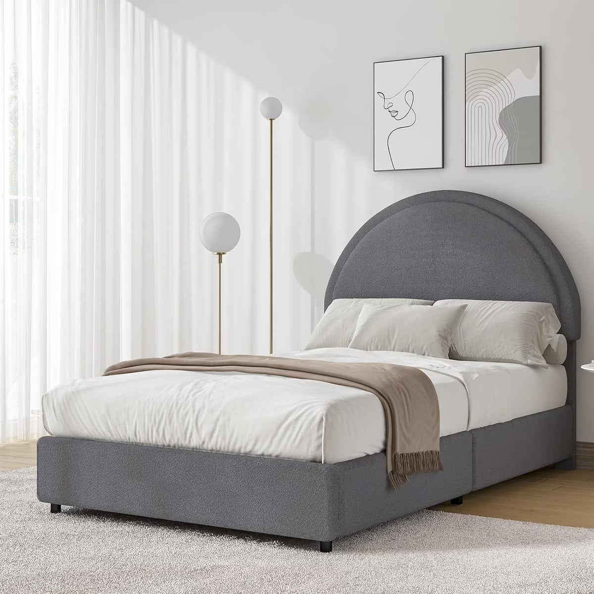 4 EVER WINNER Queen Size Bed Frame, Boucle Upholstered Bed Frame with Headboard, White Queen Bed Frame, White - image 6