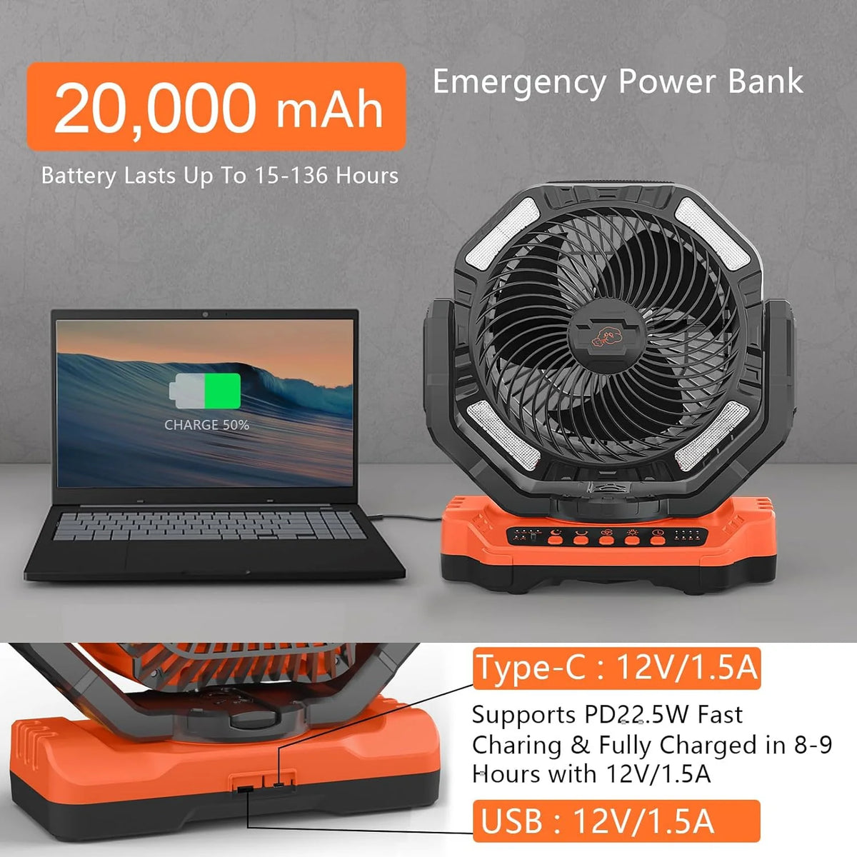 40,000mAh Battery Operated Fan, 13" Remote Camping Fan with LED Auto-Oscillating Rechargeable Fan Powerful Portable Desk Fan for Home, Camping, RV, Courtyard, Picnic, Emergency Power - image 2