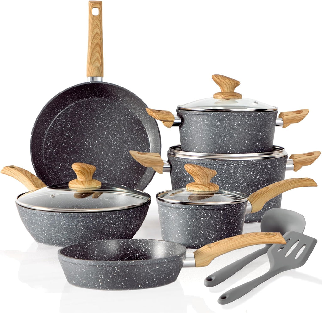 Kitchen Academy Induction Cookware Sets - 12 Piece Green Cooking Pan Set, Granite Nonstick Pots and Pans Set - image 2