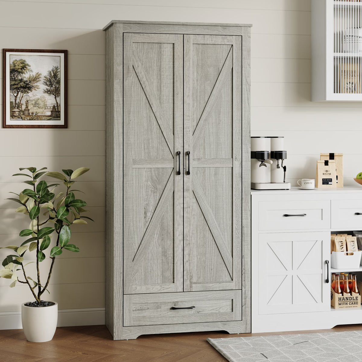 YouTrend 69" Tall Kitchen Pantry,Farmhouse Storage Cabinet with 2 Barn Doors 4 Adjustable Shelves and Large Drawer for Dining Room,Living Room,Bathroom,White - image 3