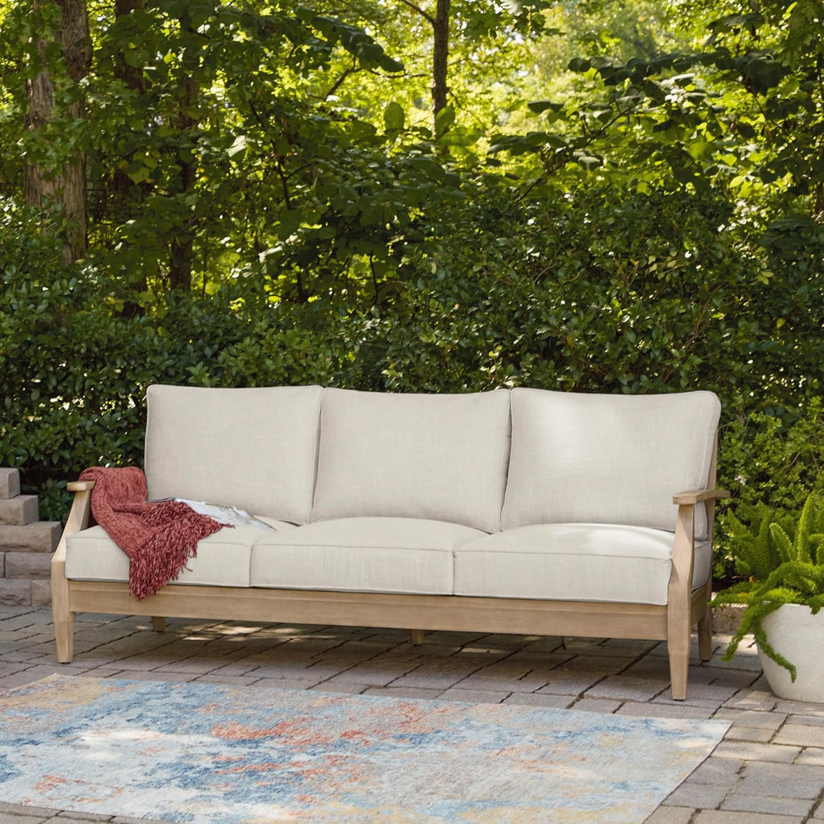 Signature Design by Ashley Clare View Coastal Outdoor Patio Eucalyptus Sofa with Cushions, Beige - image 66