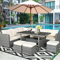 7 Pcs Rattan Patio Dining Furniture Sectional Sofa Set with Dining Table, Ottomans & Cushions - image 1