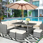 7 Pcs Rattan Patio Dining Furniture Sectional Sofa Set with Dining Table, Ottomans & Cushions - image 1