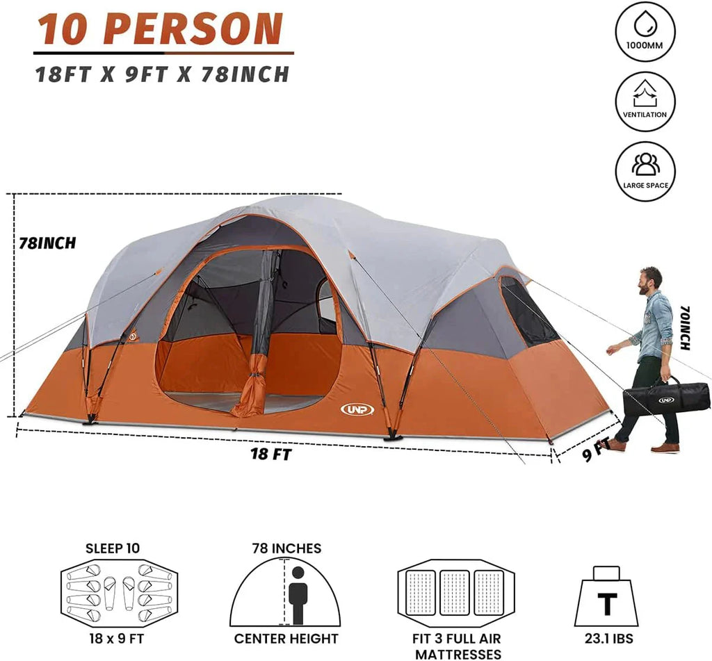 UNP Camping Tent 10-Person-Family Tents, Parties, Music Festival Tent, Big, Easy Up, 5 Large Mesh Windows, Double Layer, 2 Room, Waterproof, Weather Resistant, 18ft x 9ft x78in - image 32