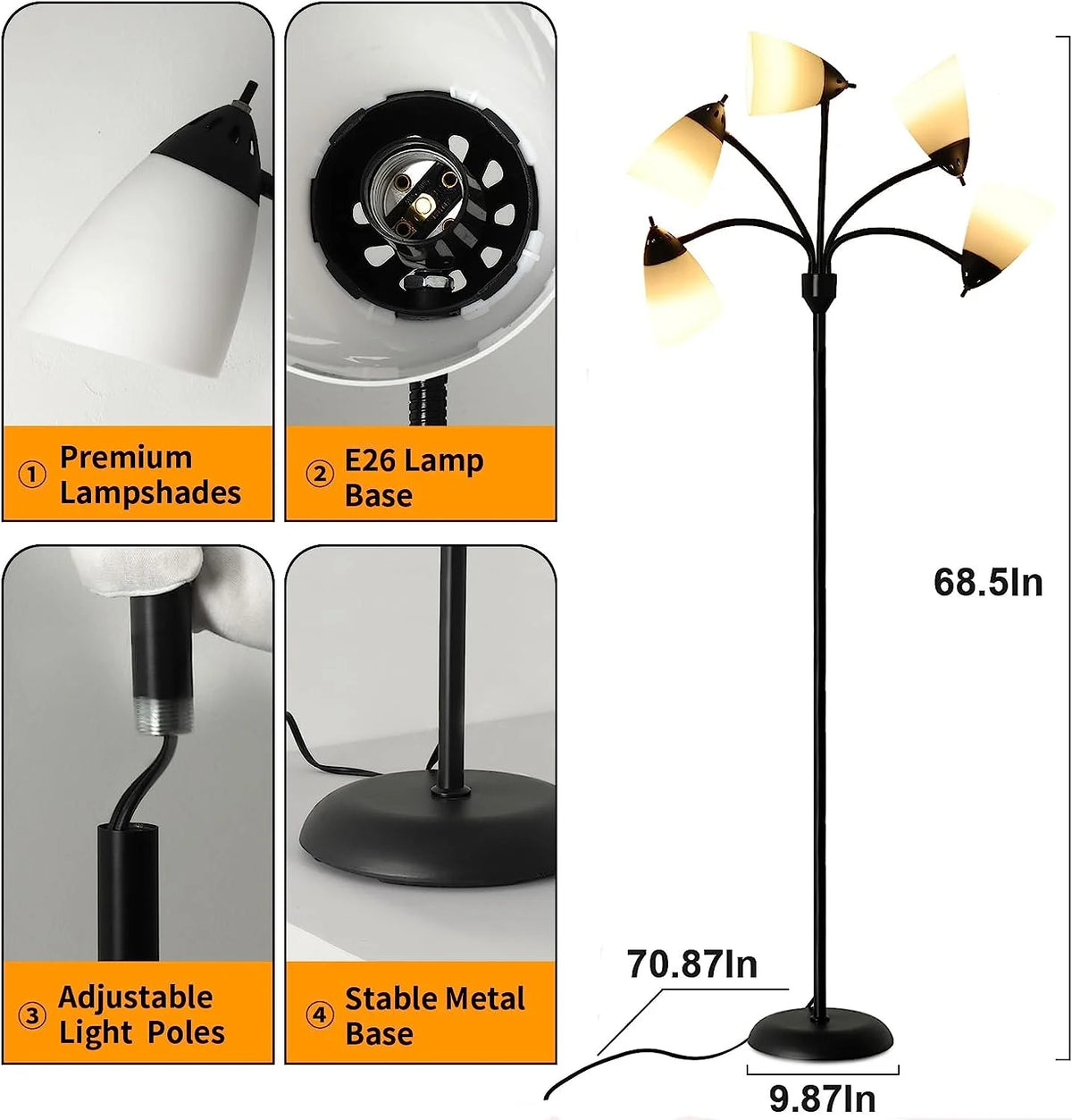 DINGLILIGHTING Floor Lamp Tall for Room: Flexible Gooseneck Floor Lamps Standing for Bedroom Home Office - Modern Floor Lights 5 - Light - image 4