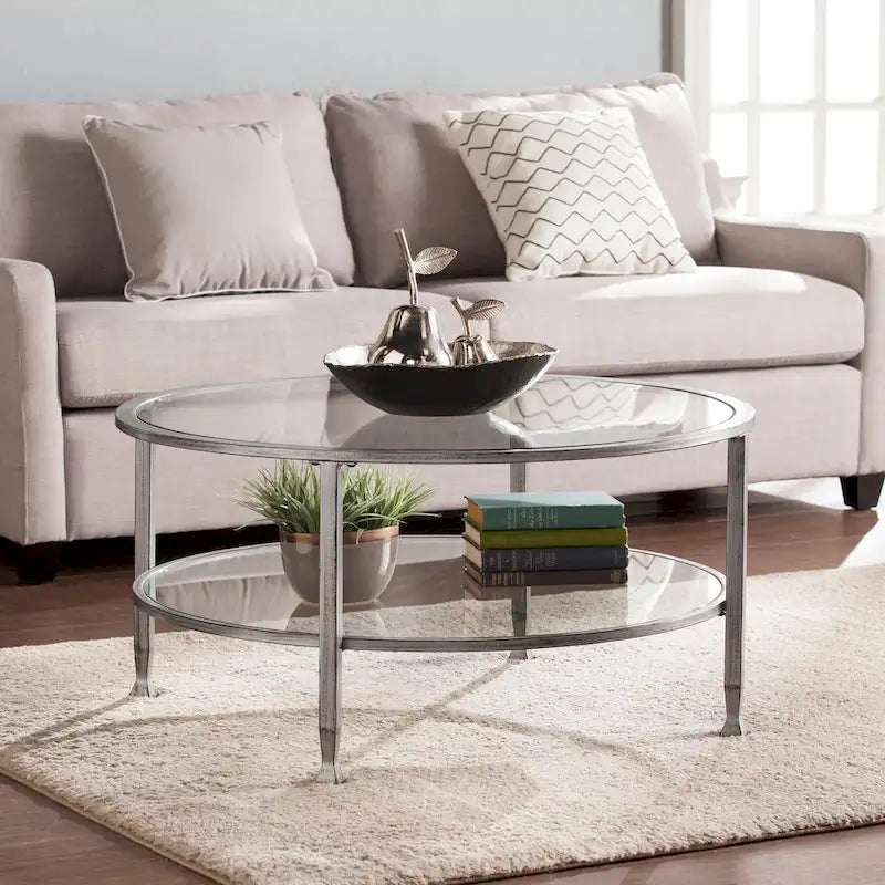Glenn Distressed Silver Round Coffee Table with Glass Top and Shelf by SEI Furniture - image 1