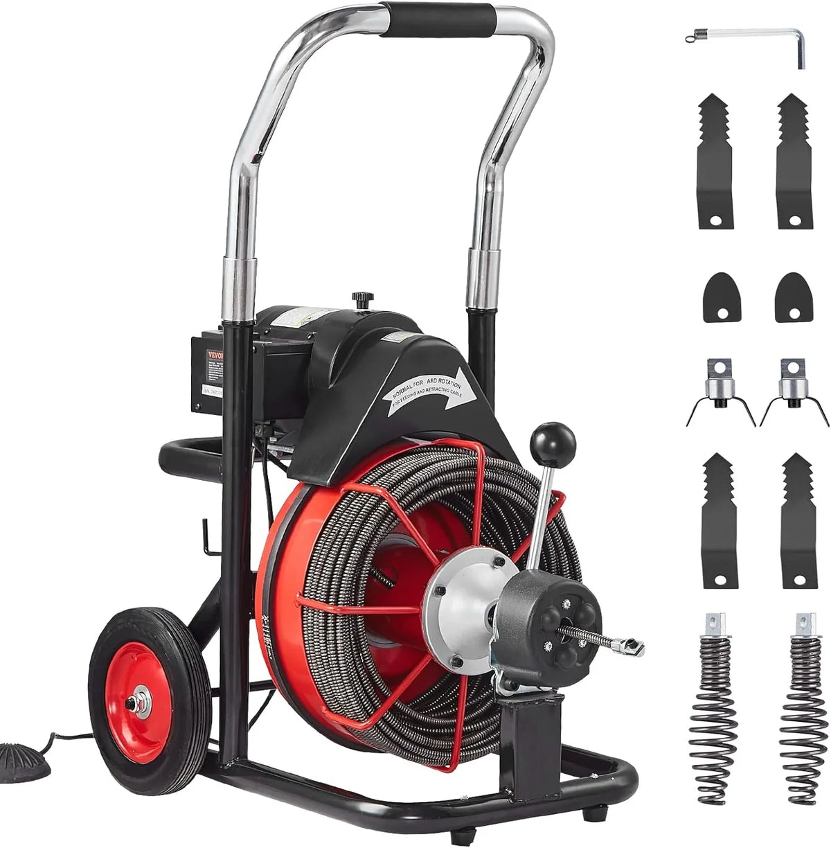 Drain Cleaner Machine 100FT x 1/2 Inch, Auto Feed Sewer Snake Auger on Wheels, 550W Portable Drain Cleaning Machine with 8 Cutters & Air-activated Foot for 2" to 4" Pipes - image 1