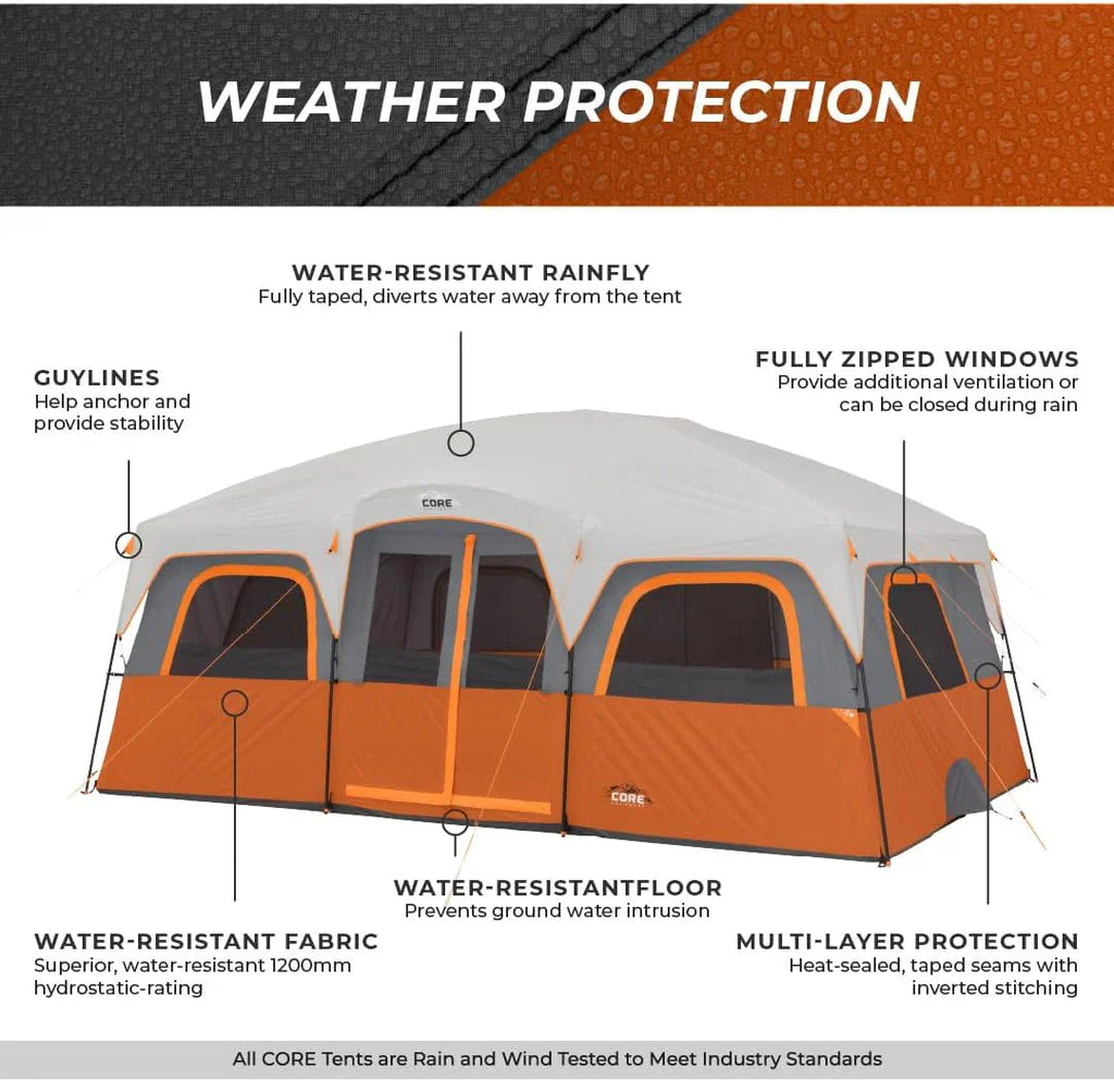 CORE Straight Wall Cabin Tents / 10 Person / 11 Person / 12 Person Large Multi Room Family Tents for Car Camping & Outdoor Adventures - image 24