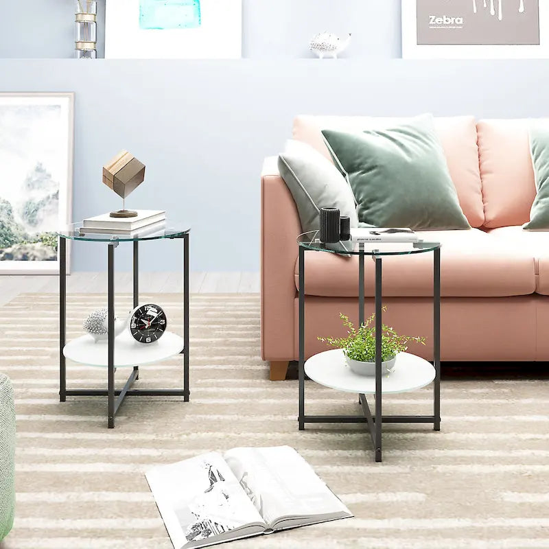 Black 2-Piece Tempered Glass End Table Set - Round Coffee Table for Bedroom, Living Room, and Office - image 9