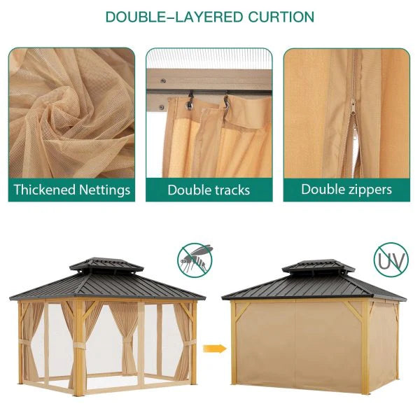 10X13 FT Outdoor Galvanised Steel Hardtop Gazebo, Heavy Duty Double Roof Outdoor Gazebo with Netting and Sunshade Curtains, Aluminium Framed Gazebo for Patio, Terrace, Lawn and Deck, Khaki - image 5
