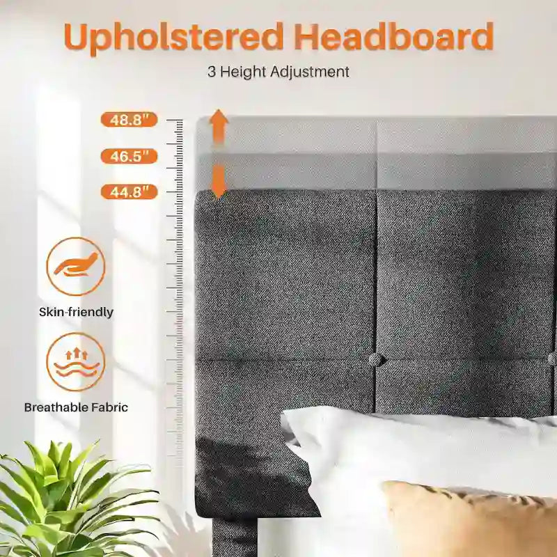 Modern Platform Bed Frame with Adjustable Headboard - Sturdy Geometric Upholstered Design with 800LBS Capacity and Solid Wooden Slats - image 5