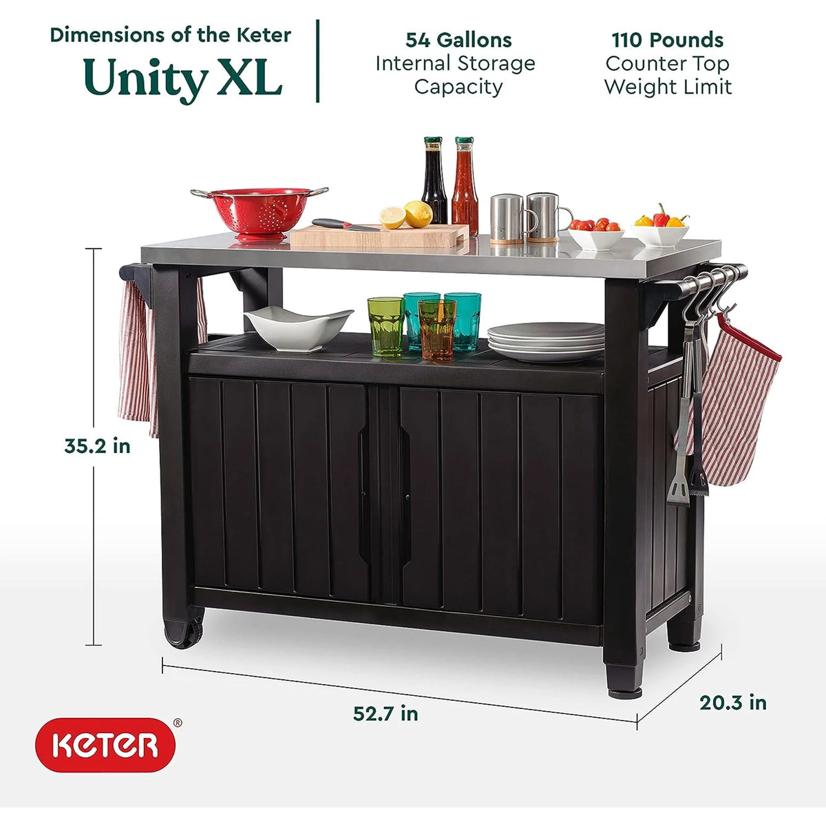 Keter Unity XL Outdoor Kitchen Bar Rolling Cart with Storage Cabinet, Brown - image 4