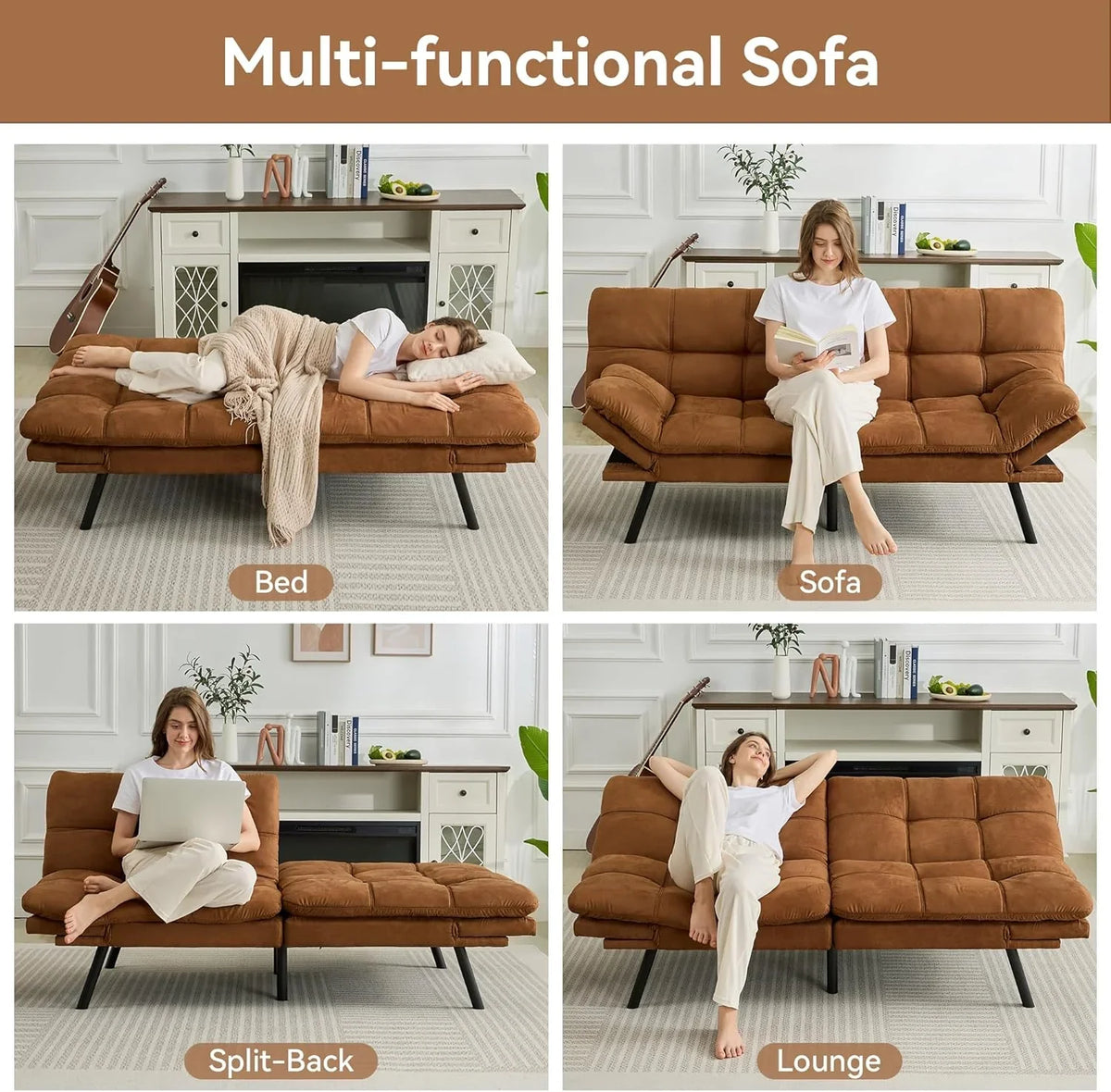 Amazon Basics Brown Loveseat,Convertible Couch Memory Foam Futon Sofa Bed Modern Sleeper Sofa for Small Compact Living Room,Office,Apartment, Linen Fabric - image 5