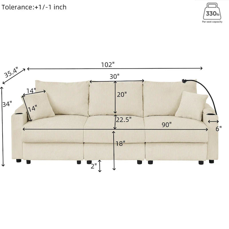 102 Corduroy Contemporary 3-Seater Sofa with Deep Seating, Cup Holders, and Phone Holder - image 7