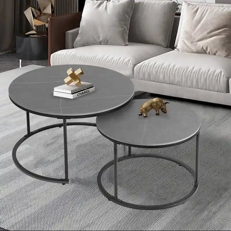 Round Sintered Stone Top Nesting Coffee Table with Black Metal Frame - 31.5 x 17.7 Inches - image 7