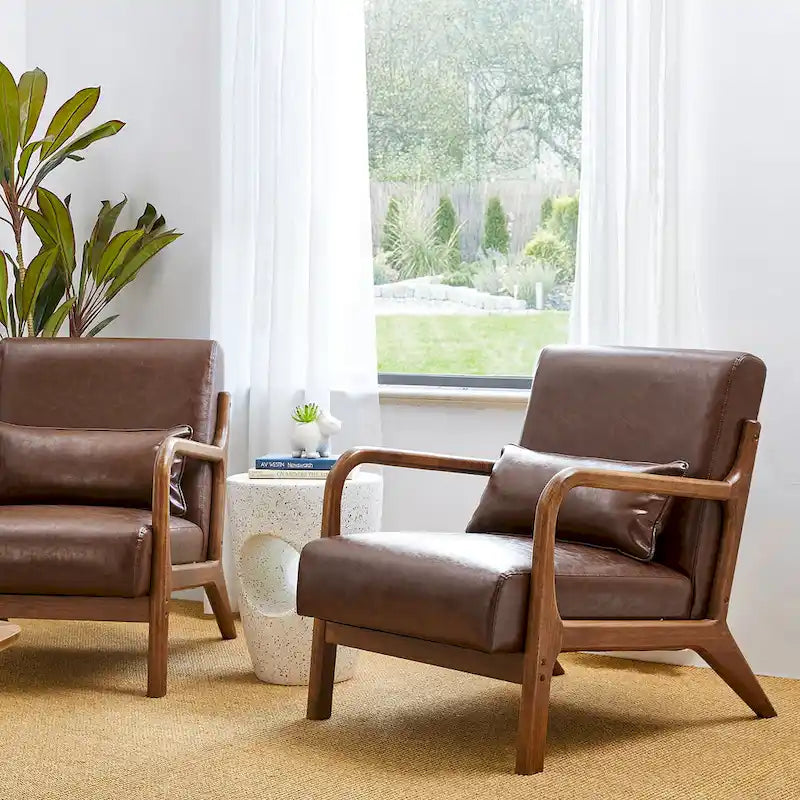 Glitzhome Set of 2 Mid-Century Modern PU Leather Accent Chairs - 30.75H with Cushions (25.75W x 33.75D) - image 11