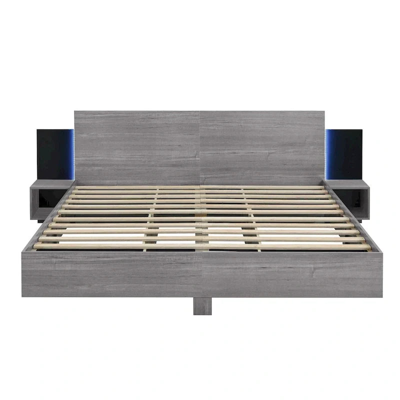 Modern King Size Wooden Floating Bed Frame with Nightstand and LED - Slatted Support Design - image 19