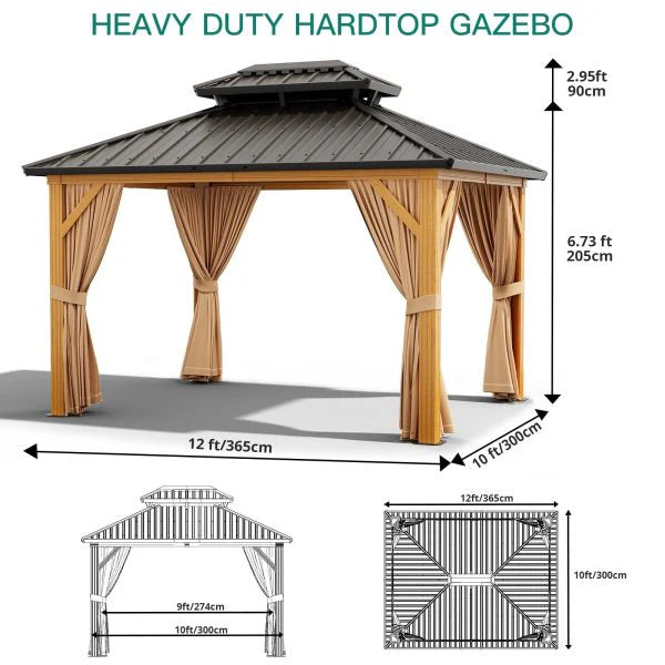 10X13 FT Outdoor Galvanised Steel Hardtop Gazebo, Heavy Duty Double Roof Outdoor Gazebo with Netting and Sunshade Curtains, Aluminium Framed Gazebo for Patio, Terrace, Lawn and Deck, Khaki - image 4