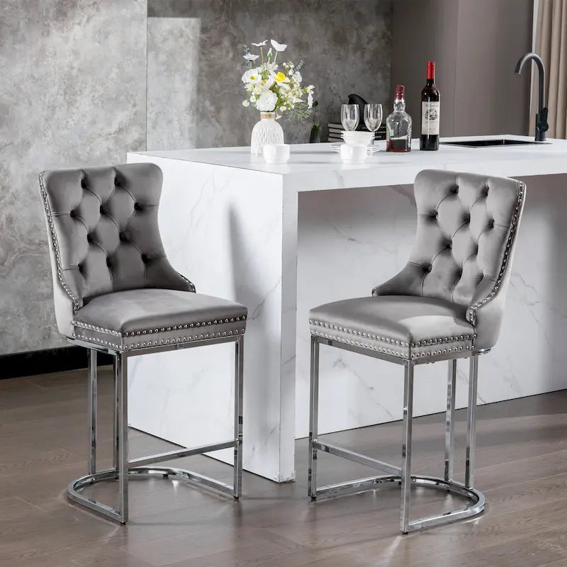 Contemporary Set of 2 Bar Stools with Button-Tufted Back and Studded Trim, Chrome Metal Base - Ideal for Dining Room, Living Room, and Bedroom - image 6