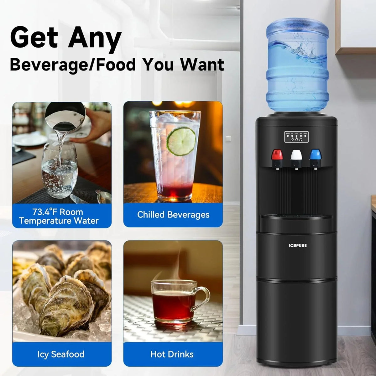 ICEPURE Water Dispenser with Ice Maker, 3-in-1 Hot and Cold Water Cooler with Built-in Bullet Ice Maker Machine, 26.5lbs/24H, Top Loading for 3-5 Gallon Bottle, Child Safety Lock, Black - image 6