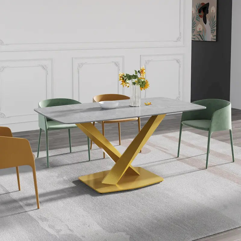 63-Inch Contemporary Dining Table with Slate Stone Surface and Metal Legs, Marble Finish - image 13