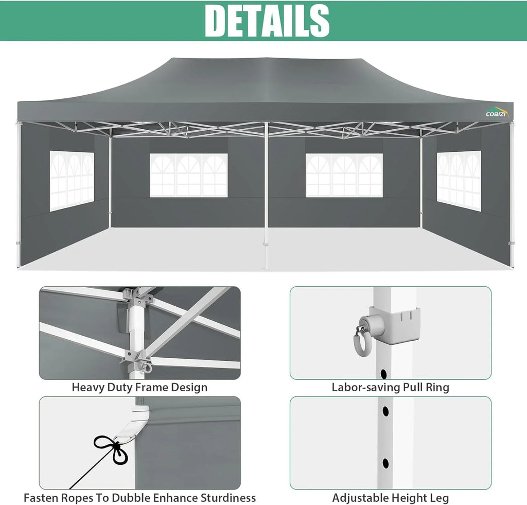 COBIZI 10x20 Heavy Duty Pop up Canopy Tent with 6 sidewalls Easy Up Commercial Outdoor Canopy Wedding Party Tents for Parties All Season Wind & Waterproof Gazebo with Roller Bag,Black(Frame Thickened) - image 209