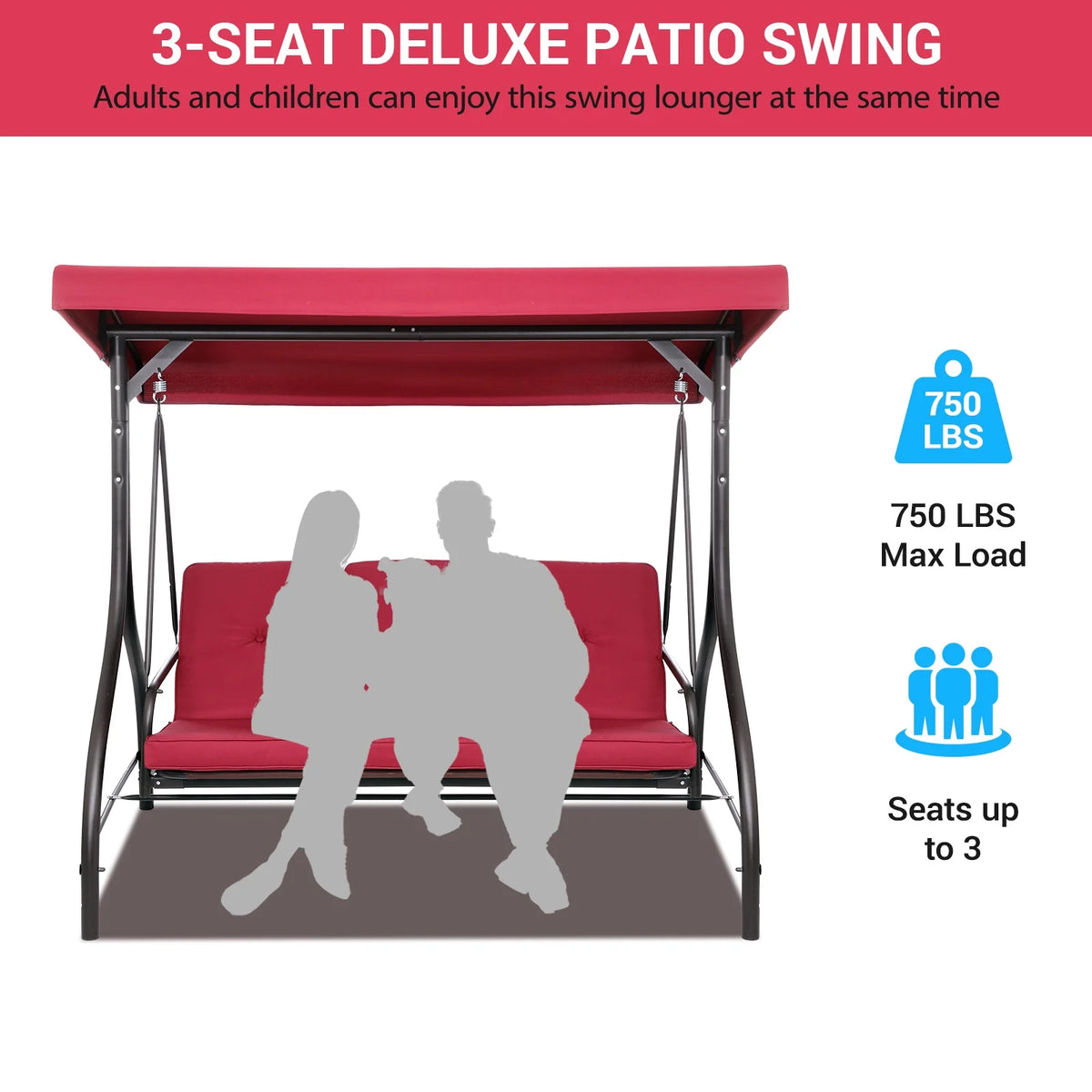 Pirecart 3 Person Patio Porch Swing Outdoor Converting Swing Glider Hammock with Adjustable Canopy, Cushions, Red - image 9