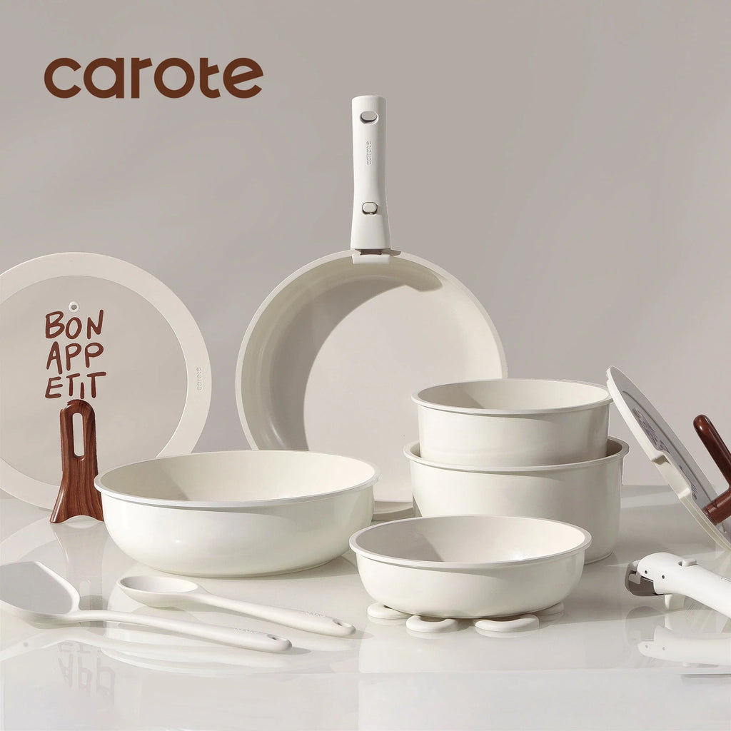 Carote 18 Pcs Ceramic Nonstick Cookware Set, Pots and Pans Set with Detachable Handles, Oven/Dishwasher Safe, Stackable Kitchen Cooking Set, White - image 8