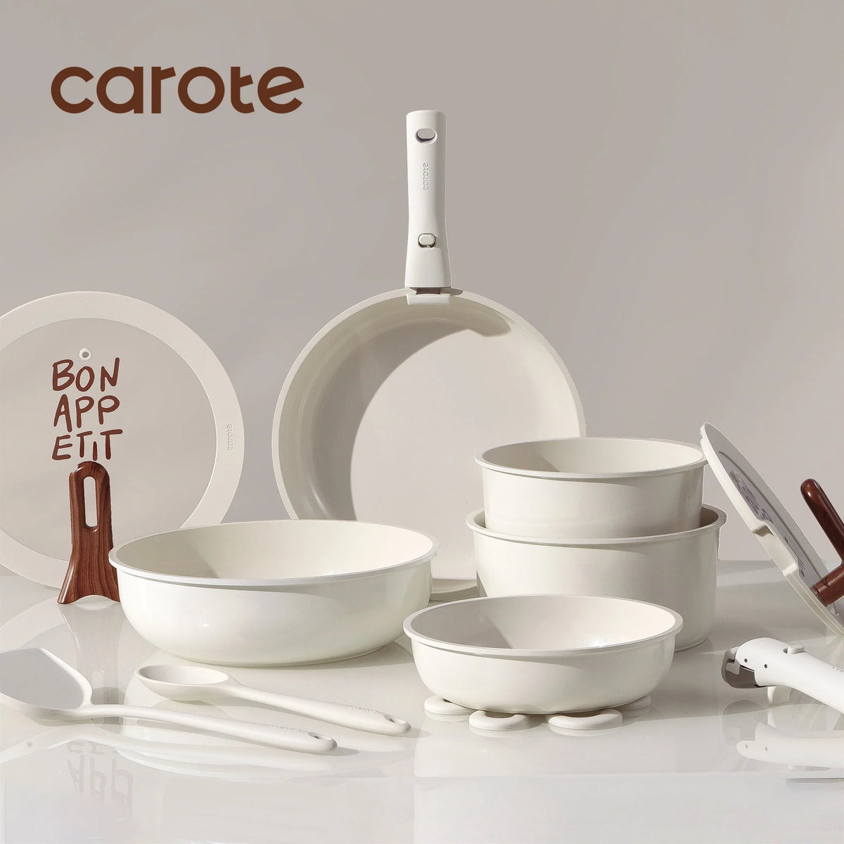 Carote 18 Pcs Ceramic Nonstick Cookware Set, Pots and Pans Set with Detachable Handles, Oven/Dishwasher Safe, Stackable Kitchen Cooking Set, White - image 8