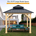 10 x 10 FT Outdoor Patio Hardtop Gazebo with Wood Frame & 2-Tier Metal Roof, All-Weather Gazebo Pergolas Shelter - image 9