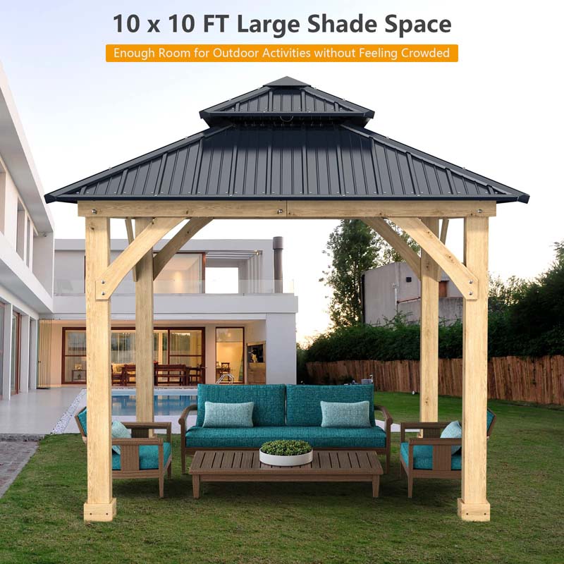 10 x 10 FT Outdoor Patio Hardtop Gazebo with Wood Frame & 2-Tier Metal Roof, All-Weather Gazebo Pergolas Shelter - image 9