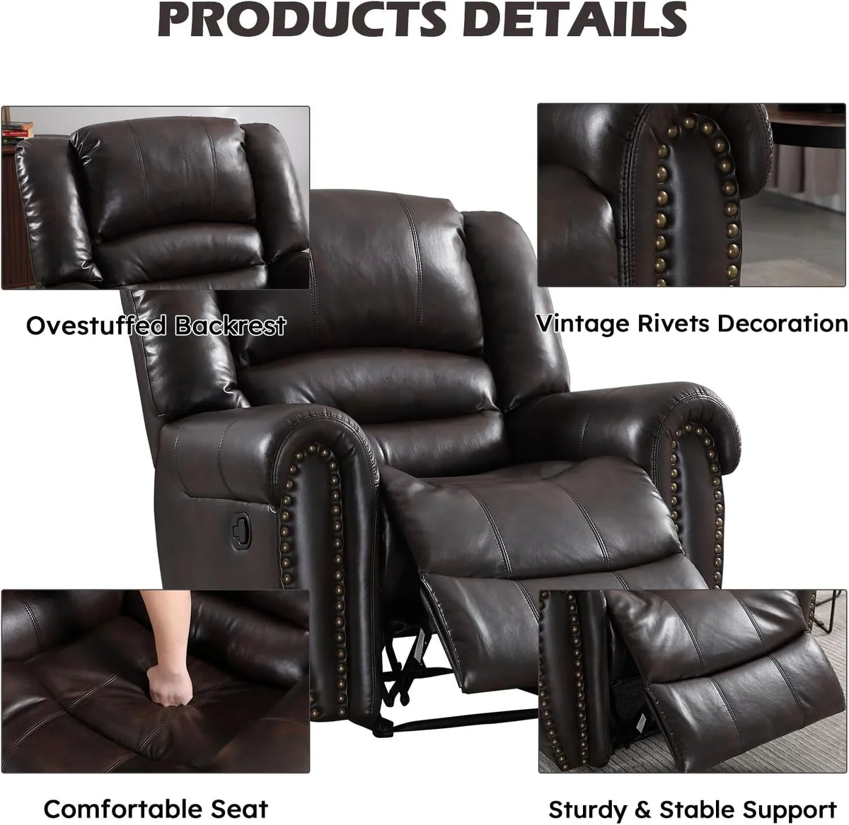 CANMOV Leather Recliner Chair, Classic and Traditional Manual Recliner Chair with Comfortable Arms and Back Single Sofa for Living Room, Nut Brown - image 29