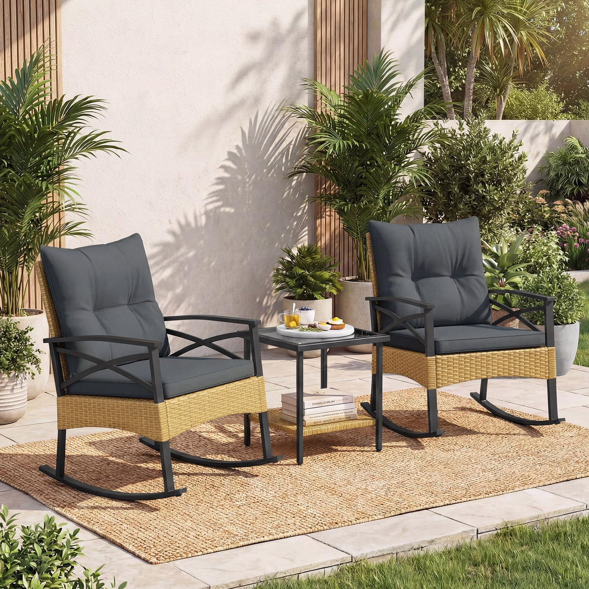 Tangkula 3 Pieces Outdoor Rocking Chairs Set for Garden - image 2