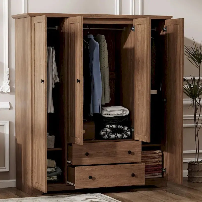 Freestanding 4-Door Wardrobe Armoire with 2 Drawers and Hanging Rods for Clothes Storage - image 18