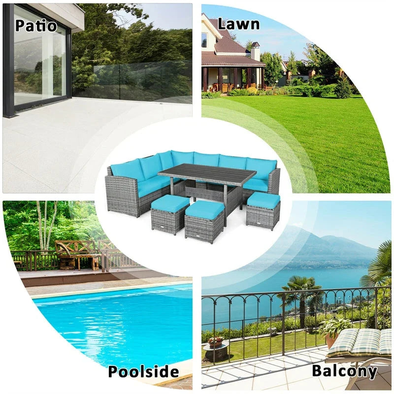 7 Pcs Rattan Patio Dining Furniture Sectional Sofa Set with Dining Table, Ottomans & Cushions - image 45
