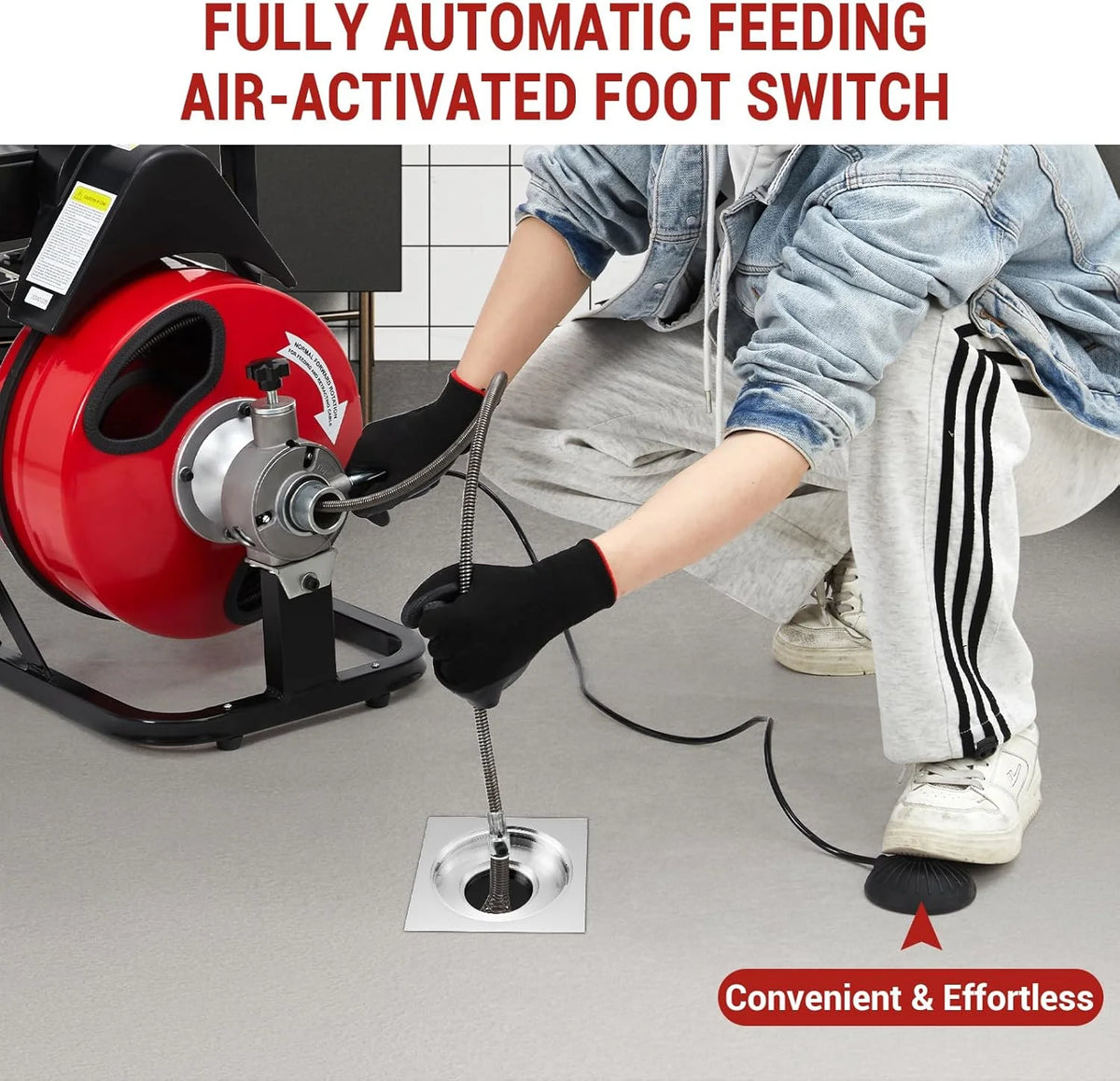 Telyswee Drain Cleaner Machine 100ft x 1/2inch Auto-feed Electric Drain Auger for 1in to 4in Pipes, w/ 8 Cutters & Air-activated Foot Switch, 250W/370W 1700RPM Drain Sewer Snake Drain Auger Cleaner - image 3