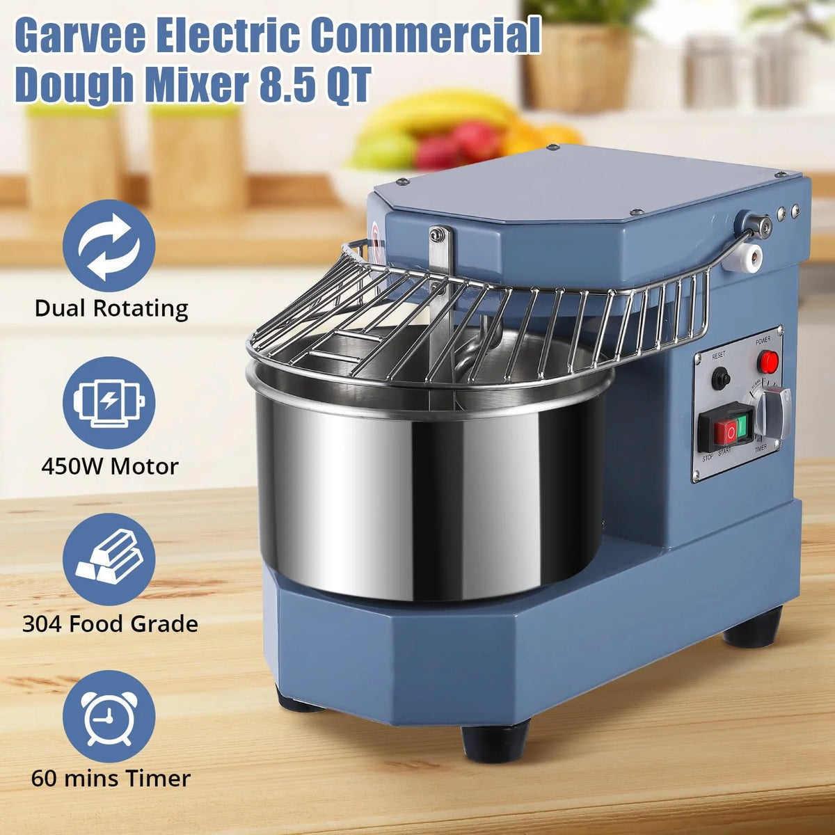 2025  8Qt Commercial Food Mixer, 450W Dual Rotating Dough Kneading Machine w Food-grade Stainless Steel Bowl, Security Shield & Timer, Commercial - image 2